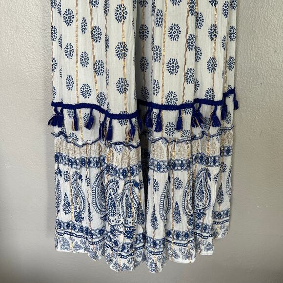 Anthropologie Dress Me 2 Magic Women's Maxi White Blue Gold Size S Paisley Boho - Picture 4 of 11